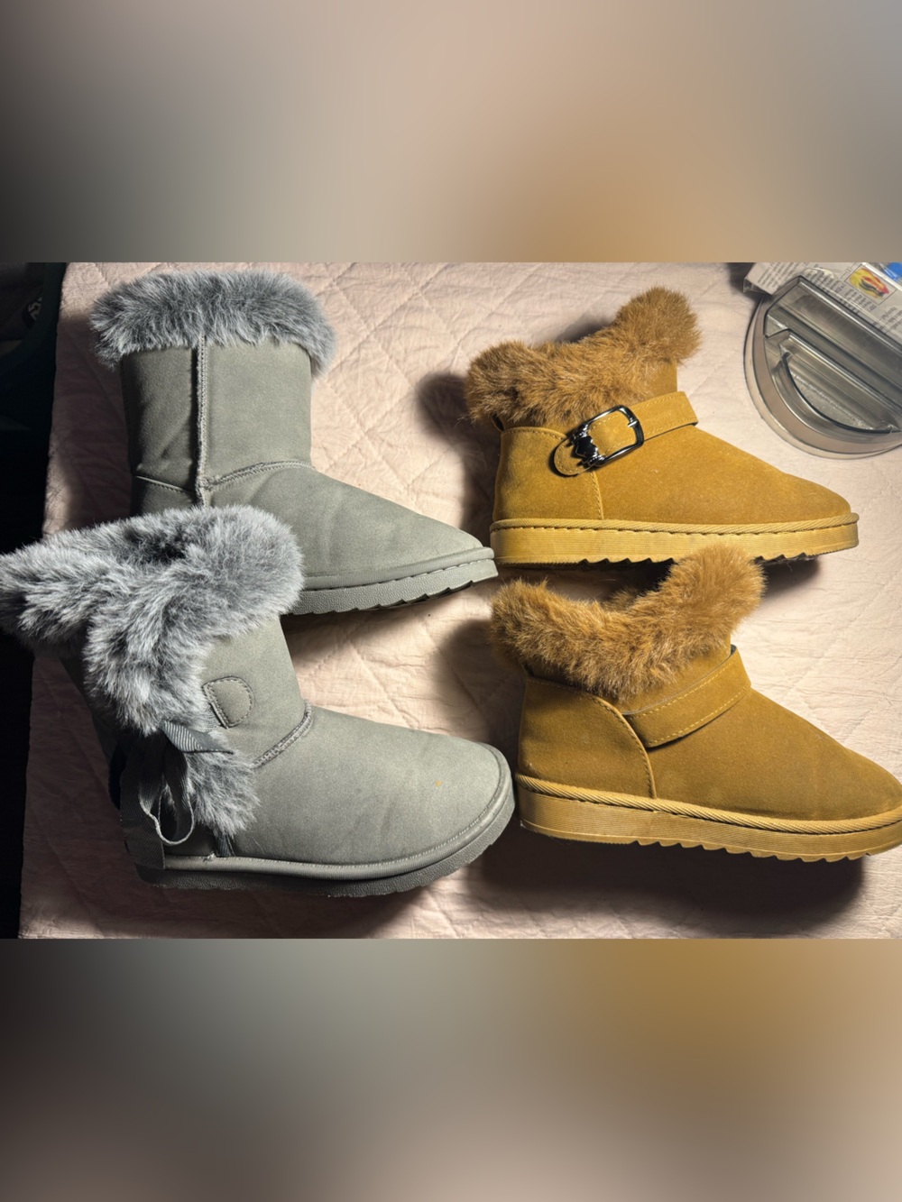 Amazon Girls Faux-Fur Ankle Winter Boots in Gray and Camel